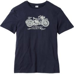 T-shirt bonprix ciemnoniebieski. Niebieskie koszulki męskie bonprix, s, z nadrukiem, bez kołnierzyka, bez rękawów. Za 29,99 zł.