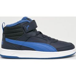 Puma - Buty dziecięce Rebound Street v2. Niebieskie trampki chłopięce Puma, bez wzorów, ze skóry, sportowe, z okrągłym noskiem, na sznurówki. W wyprzedaży za 139,90 zł.