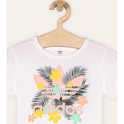 Adidas Originals - T-shirt dziecięcy 104-128 cm. Białe bluzki dziewczęce adidas Originals, z nadrukiem, z bawełny, z okrągłym kołnierzem, z krótkim rękawem, krótkie, bez kaptura. Za 79,90 zł.