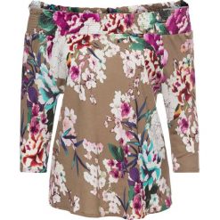 Shirt z dekoltem carmen bonprix brązowy z nadrukiem. Pomarańczowe koszulki damskie marki bonprix, z nadrukiem, bez kołnierzyka, bez rękawów. Za 99,99 zł.