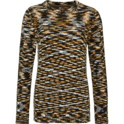 Sweter dzianinowy bonprix ciemnooliwkowo-miodowo-czarno-biały w paski. Zielone swetry damskie marki bonprix, w paski, z dzianiny, bez rękawów, bez kaptura. Za 34,99 zł.