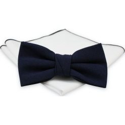 Granatowa Gładka Mucha z Białą Poszetką -CHATTIER- Męska, Jednokolorowa MUCH0539. Niebieskie muszki męskie Chattier, na imprezę, w paski, eleganckie. Za 44,00 zł.