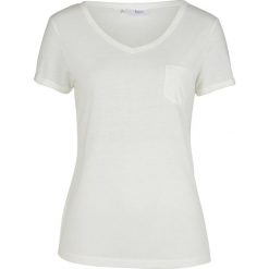 Shirt z dekoltem w serek z kieszenią na wys. biustu bonprix biały. Białe koszulki damskie bonprix, bez wzorów, z dekoltem w serek, bez rękawów. Za 27,99 zł.