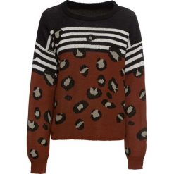 Sweter bonprix brązowo-niebiesko-biały. Pomarańczowe swetry damskie marki bonprix, z nadrukiem, bez rękawów, bez kaptura. Za 119,99 zł.