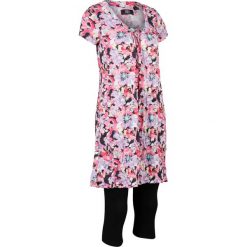 Długa tunika z kreszowanego materiału + legginsy 3/4 bonprix czarno-różowy w kwiaty. Czarne tuniki damskie bonprix, w kwiaty. Za 109,99 zł.