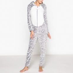 Kombinezon w panterkę. Szare body damskie marki La Redoute Collections, z motywem zwierzęcym, z dzianiny, z kapturem, z długim rękawem, długie. Za 141,08 zł.