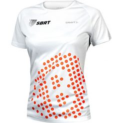 Koszulka Craft Event SBRT Tee W Biała. Białe bluzki sportowe damskie Craft, z nadrukiem, z tkaniny, bez kołnierzyka, z krótkim rękawem, krótkie, bez kaptura, do biegania. Za 79,99 zł.