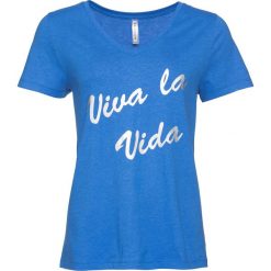 Bluzki, topy, tuniki: T-shirt bonprix lodowy niebieski – metaliczny srebrny z nadrukiem