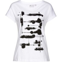 Shirt bonprix biało-czarno-srebrny. Białe koszulki damskie bonprix, bez wzorów, z bawełny, bez kołnierzyka, bez rękawów. Za 37,99 zł.