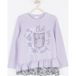 Koszulka. Fioletowe bluzki dziewczęce bawełniane OWL, z falbankami, z długim rękawem. Za 59,90 zł.