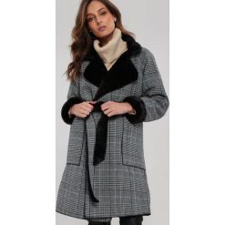 Szaro-Czarny Płaszcz Reformed. Szare płaszcze damskie Renee, na zimę, s, w paski, z futra. Za 219,99 zł.