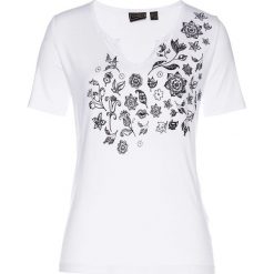 Shirt bonprix biało-czarny. Białe koszulki damskie marki bonprix, z nadrukiem, z dzianiny, bez kołnierzyka. Za 34,99 zł.