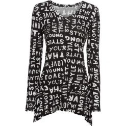 Shirt bonprix czarno-biały. Czarne koszulki damskie bonprix, z nadrukiem, z dekoltem w serek, bez rękawów. Za 49,99 zł.