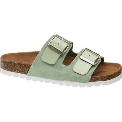 Klapki damskie Vero Moda zielone. Zielone klapki damskie Vero Moda, bez wzorów, ze skóry, bez obcasa. Za 159,90 zł.