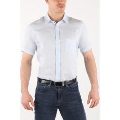 Trussardi Jeans Koszula Niebieski. Niebieskie koszule męskie Trussardi Jeans, bez wzorów, ze lnu, bez kołnierzyka, z krótkim rękawem. Za 490,95 zł.