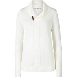 Sweter w warkocze, z szalowym kołnierzem bonprix biel wełny. Białe swetry damskie bonprix, bez wzorów, z wełny, bez rękawów, bez kaptura. Za 34,99 zł.