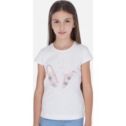 Mayoral - T-shirt dziecięcy 128-167 cm. Białe bluzki dziewczęce Mayoral, z nadrukiem, z elastanu, z okrągłym kołnierzem, z krótkim rękawem, krótkie, bez kaptura. Za 82,90 zł.