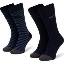 Zestaw 2 par wysokich skarpet męskich EMPORIO ARMANI - 302302 9A293 03835 r. 39-46 Blu Navy/Avio. Niebieskie skarpetki męskie Emporio Armani, bez wzorów, z elastanu. W wyprzedaży za 69,00 zł.