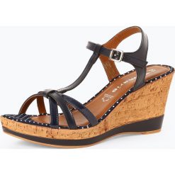 Tamaris - Sandały damskie z dodatkiem skóry, niebieski. Niebieskie sandały damskie Tamaris, w paski, ze skóry, eleganckie, bez obcasa, na koturnie, z paskami. Za 219,95 zł.