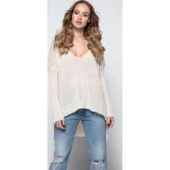 Beżowy Nowoczesny Moherowy Sweter z Dekoltem V. Brązowe piżamy damskie Molly.pl, uniwersalny, bez wzorów, z dzianiny, bez rękawów, bez kaptura. Za 129,90 zł.