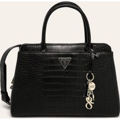 Guess Jeans - Torebka. Czarne torby damskie na zakupy Guess Jeans, w paski, z bawełny, duże, bez dodatków. W wyprzedaży za 499,90 zł.