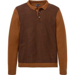 Sweter polo bonprix koniakowo-ciemnoniebieski wzorzysty. Pomarańczowe swetry męskie bonprix, s, bez wzorów, z żakardem, biznesowe, polo, bez kaptura. Za 89,99 zł.
