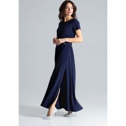 Sukienka maxi z rozcięciem granatowa - xl. Sukienki damskie e-margeritka.pl, xl, bez wzorów, z elastanu, eleganckie, z długim rękawem, długie, bez kaptura. Za 194,99 zł.