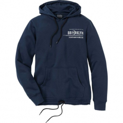Bluza zimowa z kapturem Slim Fit bonprix ciemnoniebieski. Niebieskie bluzy męskie rozpinane marki bonprix, na zimę, l, z nadrukiem, z kapturem. Za 99,99 zł.