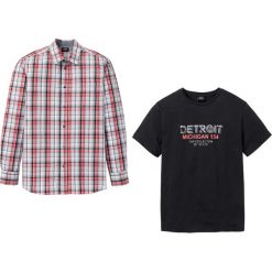 Komplet: koszula z długim rękawem + t-shirt ze specjalnym krojem na wys. brzucha bonprix szary w kratę. Szare koszule męskie bonprix, xl, bez wzorów, bez kołnierzyka, długie. Za 129,99 zł.