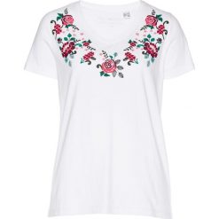 T-shirt w kwiaty bonprix biały-magenta-nocny oliwkowy. Białe t-shirty damskie bonprix, w kwiaty. Za 44,99 zł.
