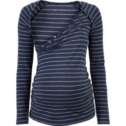 Shirt ciążowy i do karmienia piersią, z napami bonprix ciemnoniebiesko-szary melanż w paski. Niebieskie koszulki damskie bonprix, w paski, z bawełny, bez kołnierzyka, z długim rękawem. Za 74,99 zł.