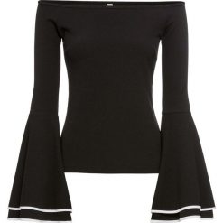 Shirt z dekoltem carmen bonprix czarno-biały. Czarne koszulki damskie bonprix, na co dzień, bez wzorów, z elastanu, biznesowe, bez kołnierzyka, bez rękawów. Za 79,99 zł.