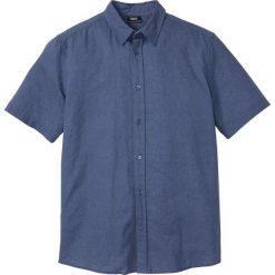 Koszula z lnem, krótki rękaw bonprix indygo. Niebieskie koszule męskie bonprix, na lato, m, bez wzorów, z bawełny, bez kołnierzyka, z krótkim rękawem. Za 84,99 zł.