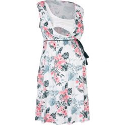 Sukienka ciążowa i do karmienia bonprix biały w kwiaty. Białe sukienki damskie bonprix, w paski, z materiału, bez kołnierzyka, moda ciążowa, bez rękawów. Za 89,99 zł.