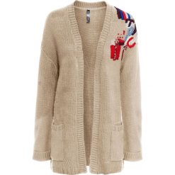 Sweter bez zapięcia oversize z haftem bonprix beżowo-czerwono-niebieski. Brązowe swetry damskie bonprix, z haftami, bez rękawów, bez kaptura. Za 64,99 zł.
