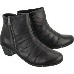 RIEKER REMONTE R7571-01 black, botki damskie. Czarne botki damskie Rieker Remonte, ze skóry, bez obcasa, na obcasie, na zamek. Za 369,90 zł.