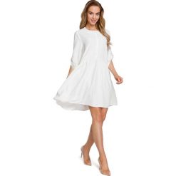 Ecru Oversizowa Sukienka Zapinana na Guziki. Szare sukienki damskie Molly.pl, s, bez wzorów, eleganckie, bez kołnierzyka, bez rękawów, oversize. Za 149,90 zł.