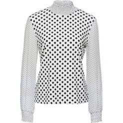 Shirt z szyfonowymi rękawami bonprix biało-czarny w kropki. Białe koszulki damskie bonprix, bez wzorów, z szyfonu, ze stójką, bez rękawów. Za 99,99 zł.
