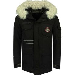 Kurtka zimowa w kolorze czarnym. Czarne płaszcze męskie Canadian Peak, na zimę, m, z aplikacjami, bez kaptura. W wyprzedaży za 429,95 zł.