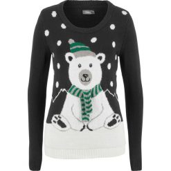 Sweter z okrągłym dekoltem bonprix czarny wzorzysty. Czarne swetry klasyczne damskie bonprix, z okrągłym kołnierzem. Za 99,99 zł.