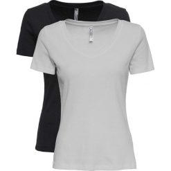 Shirt w prążek z dekoltem w serek (2 szt. w opak.) bonprix jasnoszary melanż + czarny. Szare koszulki damskie bonprix, bez wzorów, z dekoltem w serek, bez rękawów. Za 55,98 zł.