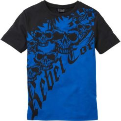 T-shirt Slim Fit bonprix lazurowo-czarny. Niebieskie koszulki męskie bonprix, s, z nadrukiem, bez kołnierzyka, bez rękawów. Za 34,99 zł.
