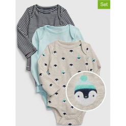 Body (3 szt.) w kolorze jasnoszarym, turkusowym i granatowym. Szare body niemowlęce Gap Kids, w paski, z bawełny, bez rękawów. W wyprzedaży za 67,95 zł.