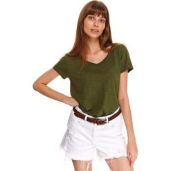 T-shirt krótki rękaw damski gładki. Zielone t-shirty damskie Top Secret, bez wzorów, z bawełny, z dekoltem w serek. Za 29,99 zł.