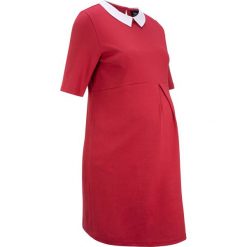 Sukienka shirtowa ciążowa bonprix czerwony wiśniowy. Czerwone sukienki damskie bonprix, bez wzorów, wizytowe, z koszulowym kołnierzykiem, moda ciążowa, bez rękawów, koszulowe. Za 79,99 zł.