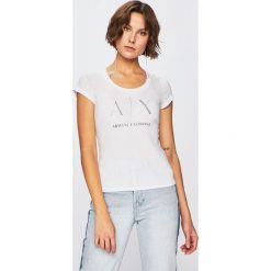 Armani Exchange - Top. Białe bluzki damskie Armani Exchange, s, z nadrukiem, z bawełny, z okrągłym kołnierzem. Za 219,90 zł.