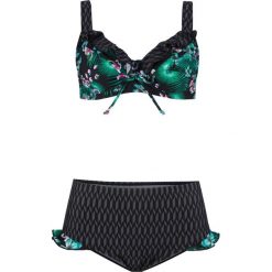 Bikini na fiszbinach "minimizer" (2 części) bonprix czarno-turkusowy. Czarne stroje kąpielowe damskie bonprix, z nadrukiem. Za 99,99 zł.