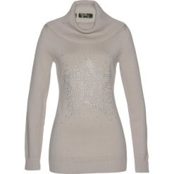 Sweter z golfem i aplikacją ze sztrasów bonprix kamienisty melanż. Szare swetry damskie bonprix, z aplikacjami, z długim rękawem. Za 99,99 zł.