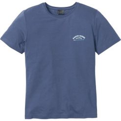 T-shirt z nadrukiem na plecach Slim Fit bonprix indygo. Niebieskie koszulki męskie bonprix, s, z nadrukiem, z okrągłym kołnierzem. Za 37,99 zł.