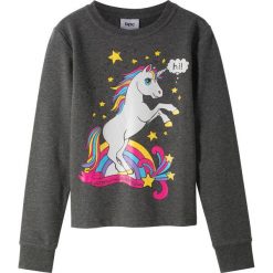 Bluza dresowa bonprix antracytowy melanż z nadrukiem. Szare bluzy dziewczęce bonprix, z nadrukiem, z dresówki, z długim rękawem, długie, bez kaptura. Za 34,99 zł.